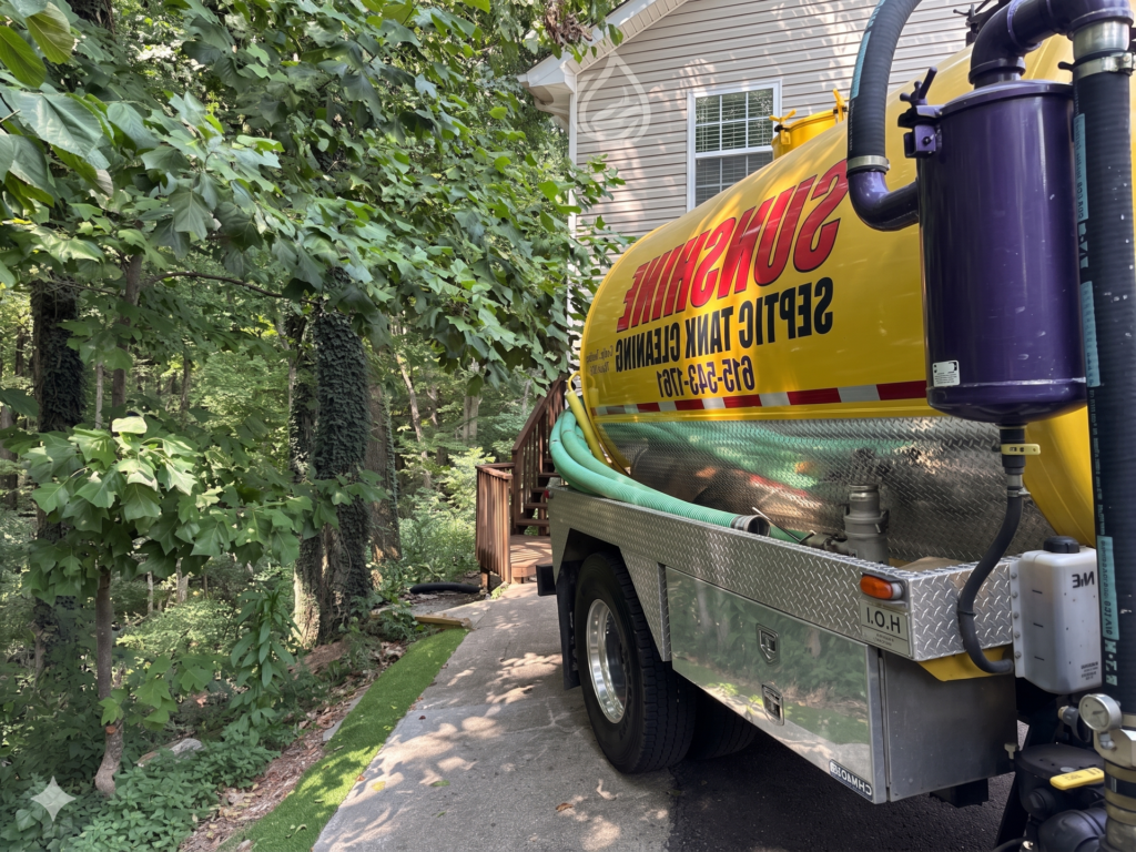 Septic service truck in a Pleasant View, TN neighborhood
